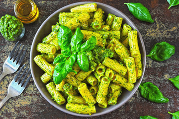 Italian pasta with homemade pesto sauce.