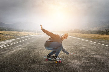 Teenager girl ride her skateboard. Mixed media