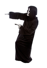 Halloween costume of a skeleton grim reaper wearing a black robe on a white background presenting...