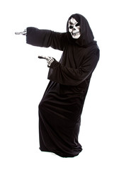 Halloween costume of a skeleton grim reaper wearing a black robe on a white background presenting...