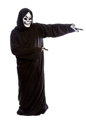 Halloween costume of a skeleton grim reaper wearing a black robe on a white background presenting...