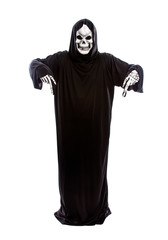 Halloween costume of a skeleton grim reaper wearing a black robe on a white background presenting...