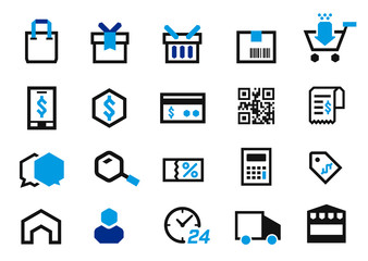 Shopping at market, pay money and delivery product online in edge icon style. e-commerce business.