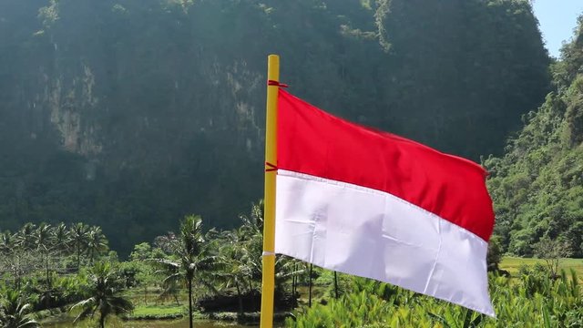 The red and white flag which is an Indonesian flag fluttered in nature