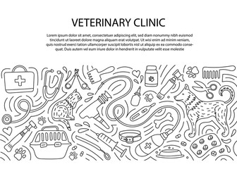 Veterinary clinic, pharmacy and a set of medical instruments. Vector illustration, Doodle. Treatment of animals.