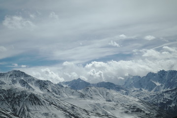 Fototapeta na wymiar Pamir Mountains, glacier peak in the fog