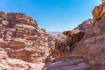 View of rocks and way to the Monastery in Petra, Jordan. UNESCO World Heritage Sites and one of the world wonders