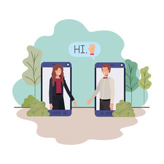 couple of business in smartphone with speech bubble