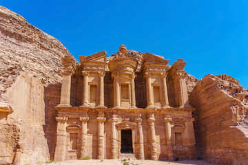 Famous facade of Ad Deir in ancient city Petra, Jordan. Monastery in ancient city of Petra. The...