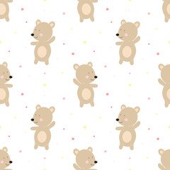 Seamless pattern of funny bears on a background of pink dots. Vector image for girl. Illustration for holiday, baby shower, birthday, textile, wrapper, greeting card, print, clothes, banners, flyers