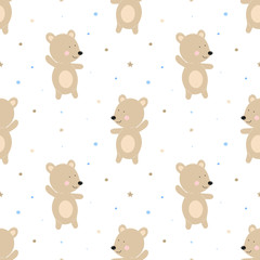 Seamless pattern of funny bears on a background of blue dots. Vector image for boy. Illustration for holiday, baby shower, birthday, textile, wrapper, greeting card, print, clothes, banners, flyers