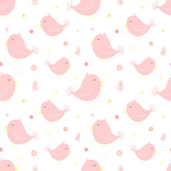 Seamless pattern of cute pink birds and flowers. Vector image for girl. Illustration for holiday, baby shower, birthday, textile, wrapper, greeting card, print, banners, flyers