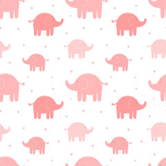 Seamless pattern of cute pink elephants and hearts. Vector image for girl. Illustration for holiday, baby shower, birthday, textile, wrapper, greeting card, print, banners, flyers