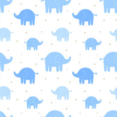 Seamless pattern of cute blue elephants and hearts. Vector image for boy. Illustration for holiday, baby shower, birthday, textile, wrapper, greeting card, print, banners, flyers
