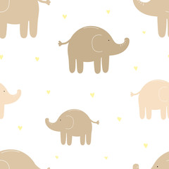 Seamless pattern of cute beige elephants and hearts. Vector image for girl and boy. Illustration for holiday, baby shower, birthday, textile, wrapper, greeting card, print, banners, flyers