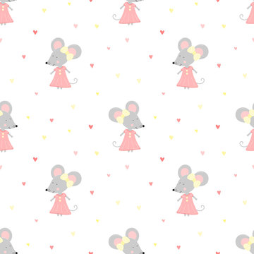 Seamless pattern of cute mice in a pink dress and hearts. Vector image for girl. Illustration for holiday, baby shower, birthday, textile, wrapper, greeting card, print, clothes, banners, flyers