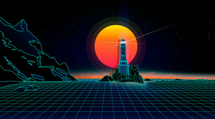 Retro background lighthouse on the coast  landscape 1980s style. Retro 80s Sci-Fi background  Landscape.Futuristic background retro wave.
