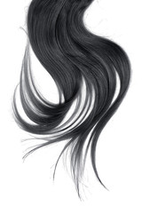 Black hair, isolated on white background. Long and disheveled ponytail