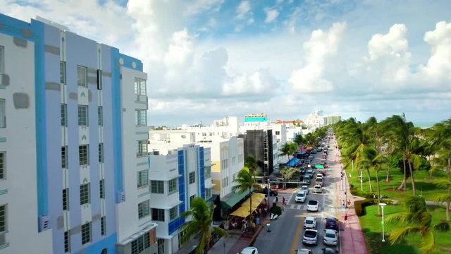 Aerial shot entering Ocean Drive in South Beach, Miami during Daytime