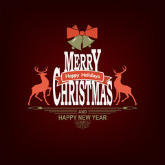 Christmas dark red composition with deers, text, silhouette of a snowflake and bells.