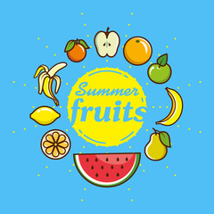 Set of fruit icons located around. Vector illustration