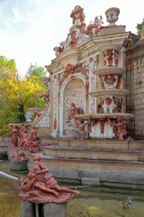 vertical view of fountain the baths of diana in royal palace gardens of la granja de san ildefonso in the province of segovia, spain