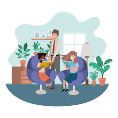 father and daughters sitting in chair avatar character|