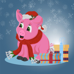 little_1_pink pig in Santas hat and scarf around the neck symbol of the new 2019 Chinese calendar