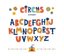 Circus funny alphabet in cartoon style. Colorful modern alphabet for kids, nursery, poster, card, t shirt, birthday party, packaging paper design, Wallpaper, baby clothes. Vector illustration