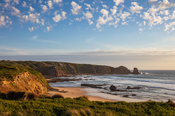 Cape Woolamai beach, looking towards the Pinnacles rock formation at sunset; Phillip Island,...