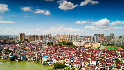 Obraz premium Bird's eye view of the ecological beauty of blue sky and white clouds in langxi county, anhui province, China