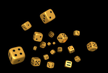 cubes dices color gold 3D Rendering on black background.