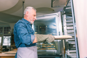 Naklejka na ściany i meble Bearded baker. Bearded grey-haired baker wearing striped apron putting tray with pie into oven