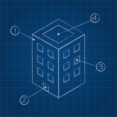 blueprint of isometric building draft with point marks