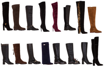 Set of women's autumn high boots collection on a white background. Italian premium fashion shoes