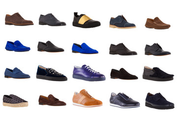 Set of men's Italian fashion shoes on a white background. Autumn Collection of Premium Shoes