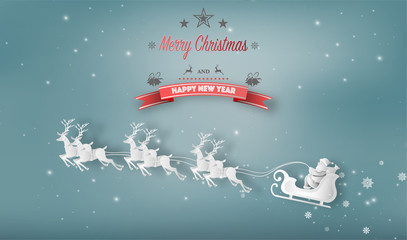 Paper art style of Santa Claus with reindeer sleigh flying above the sky during Christmas, Merry Christmas and Happy New Year concept.