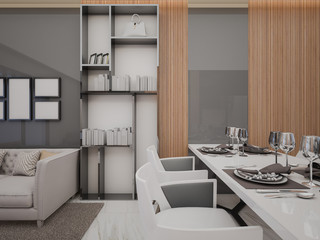 Fototapeta na wymiar Modern dining room with living area , 3d rendering