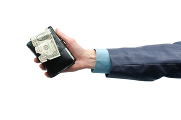 Businessman hand is holding a wallet with one dollar isolated on the white background. Lack of...