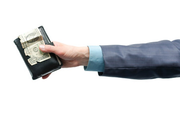 Businessman hand is holding a wallet with one dollar isolated on the white background. Lack of money. Pay the bill.