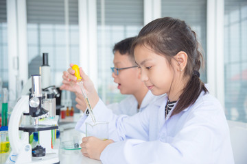 Young asian student doing experiment in chemistry classroom