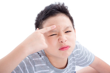 Asian teenager with acne on his face isolated over white background