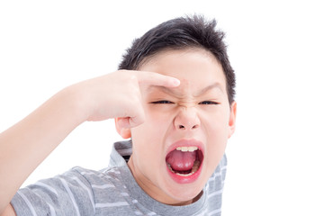 Asian teenager point at acne on his face and screaming isolated over white background