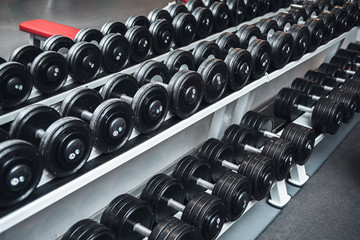 Obraz na płótnie Canvas Gym and dumbbell weight training equipment on sport. Healthy life and gym exercise equipments and sports concept. Сopy space