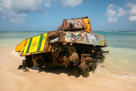 Vintage tank on a beach in Puerto Rico