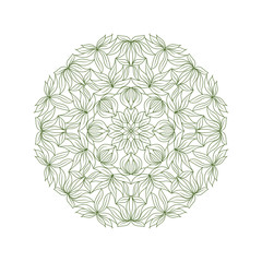 Mandala, plant pattern. Green outlines, coloring template for children, kids. Abstract vector illustration.