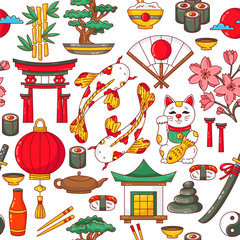 Japan traditional icons colorful seamless vector pattern