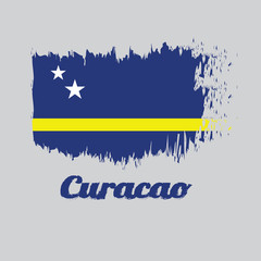 Brush style color flag of Curacao, blue field with a horizontal yellow stripe slightly below the midline and two white stars. with text Curacao.