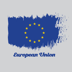 Brush style color flag of Europe, A circle of twelve five-pointed yellow stars on a blue field. with text European Union.