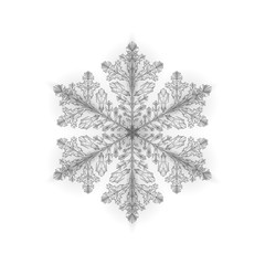 Polygonal low poly festive snowflake. Isolated 3D detailed render geometric triangle greeting card. Ice snow crystal light sparkle Christmas New Year template vector illustration